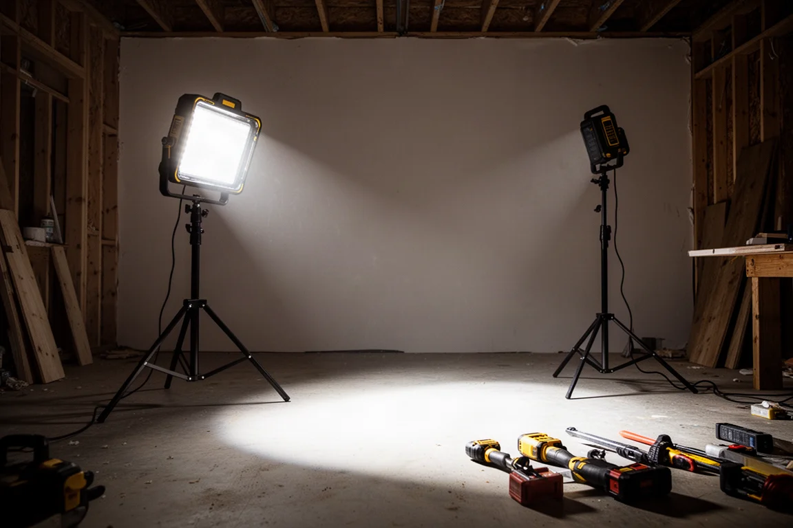 Gran luz de obra inalámbrica sobre un trípode iluminando un área oscura de taller