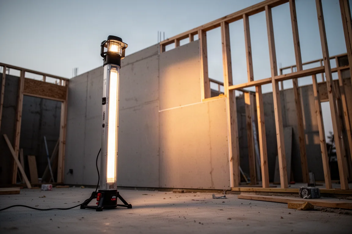 Luz torre tipo rocket de Milwaukee de pie en el suelo de una obra