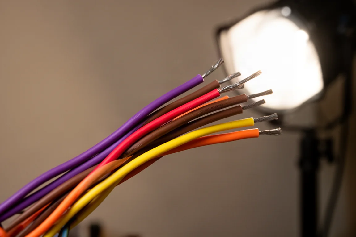 Cables eléctricos de colores iluminados por una potente luz de obra con poca luz ambiental