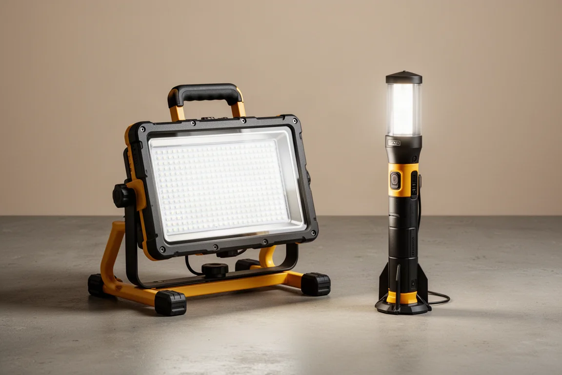 Two cordless work lights standing on a concrete floor