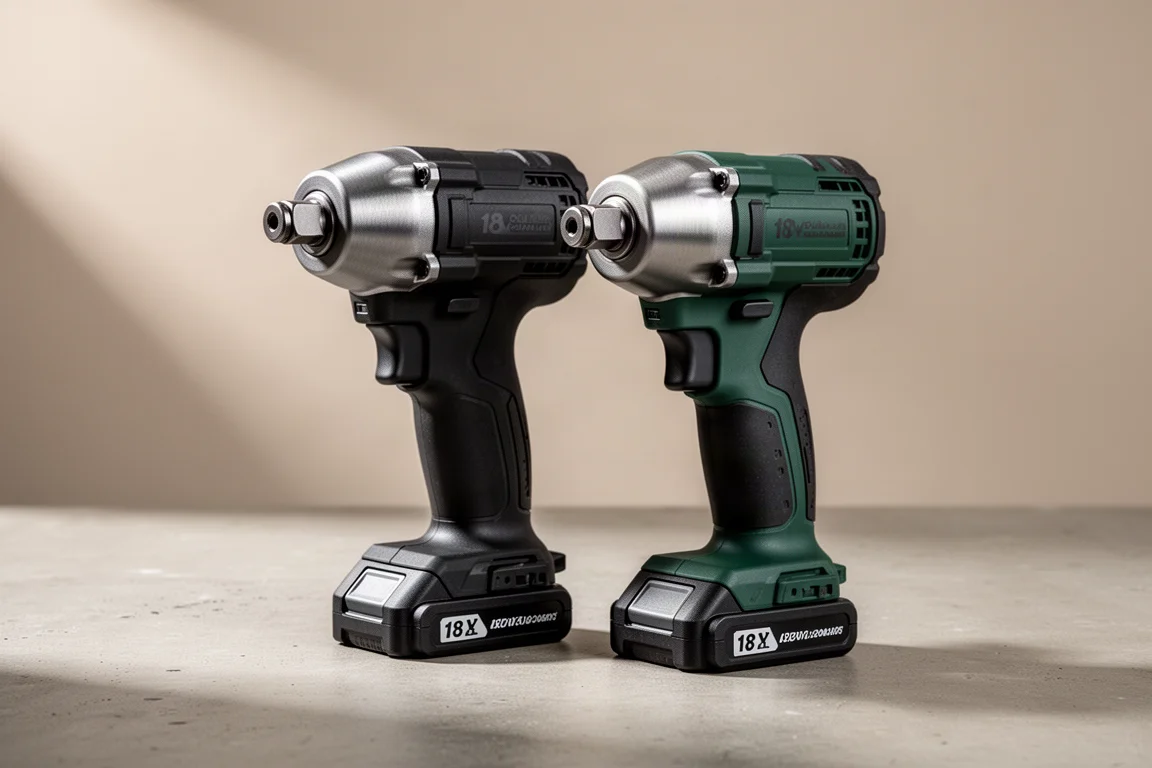 Two Metabo HPT 18V cordless impact wrenches side by side on a concrete surface