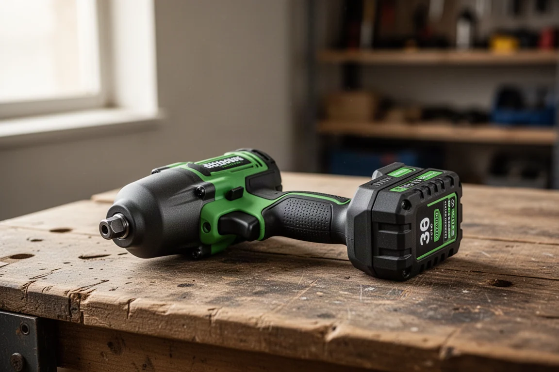 Impact wrench with battery pack resting on a workshop bench
