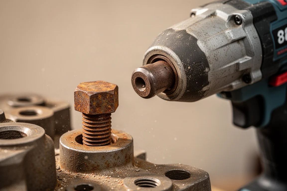 Rusty bolt being loosened with a power tool on vehicle hardware