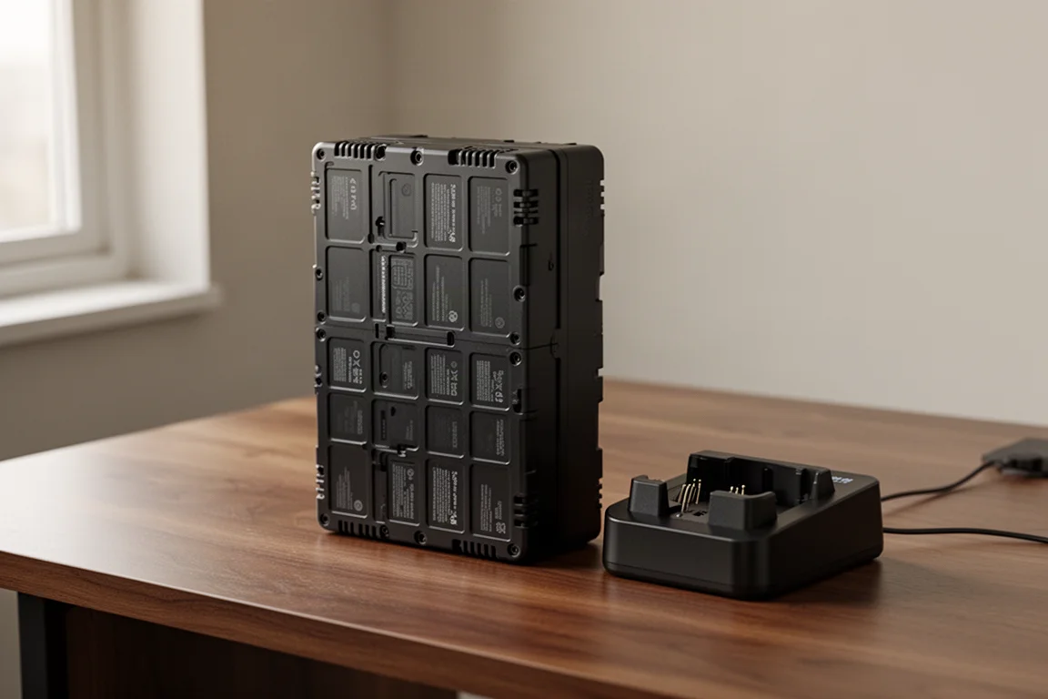 Impact wrench battery pack on a charging dock in soft light