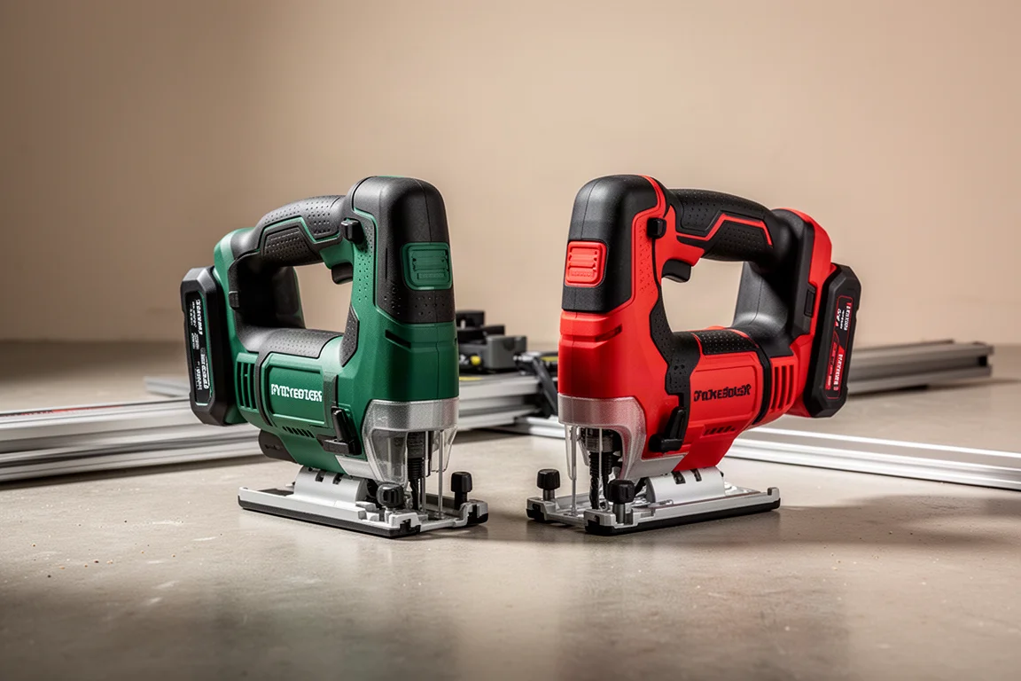 Metabo and HiKOKI cordless plunge saws side by side on a concrete workshop floor