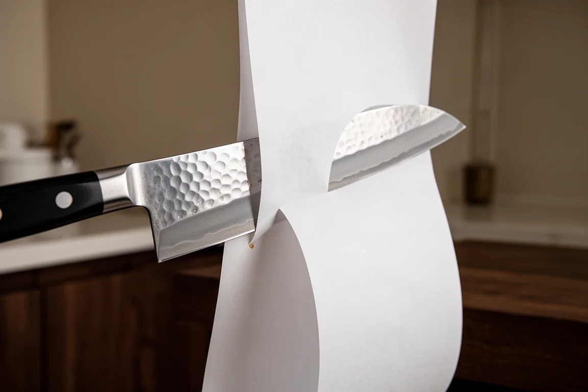 Facas de cozinha japonesas recém-amoladas cortando limpamente uma folha de papel