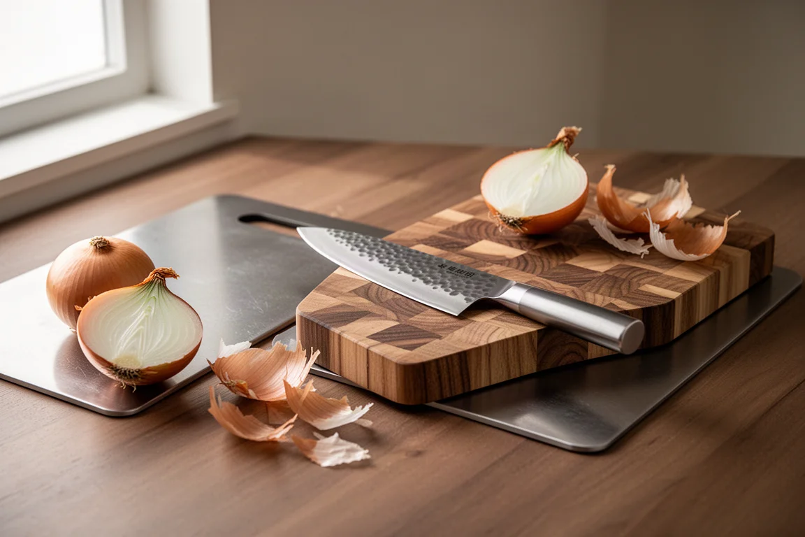Wooden and metal cutting boards with a Japanese kitchen knife and onions on a worktop