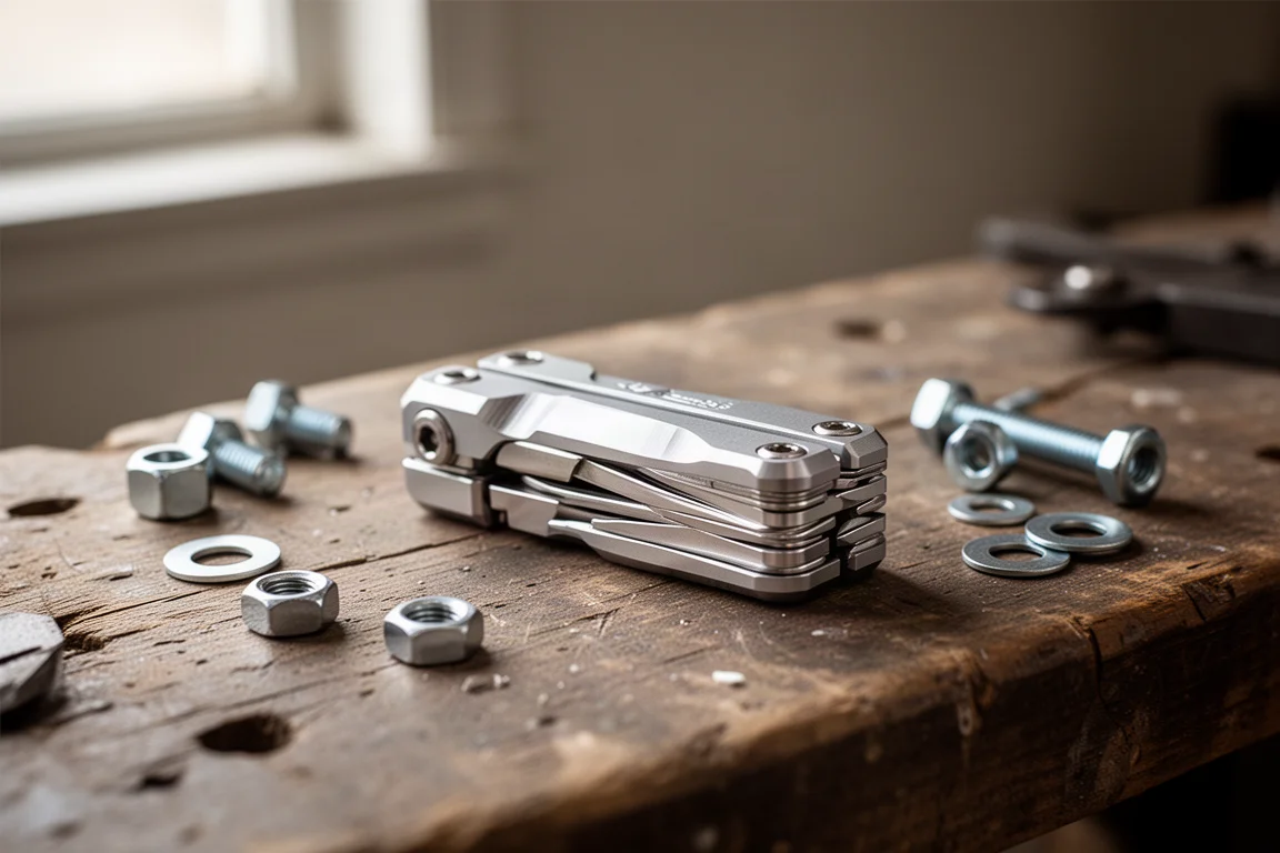 Kompaktes Multitool aus Aluminium auf einer Werkbank neben kleinen Bauteilen