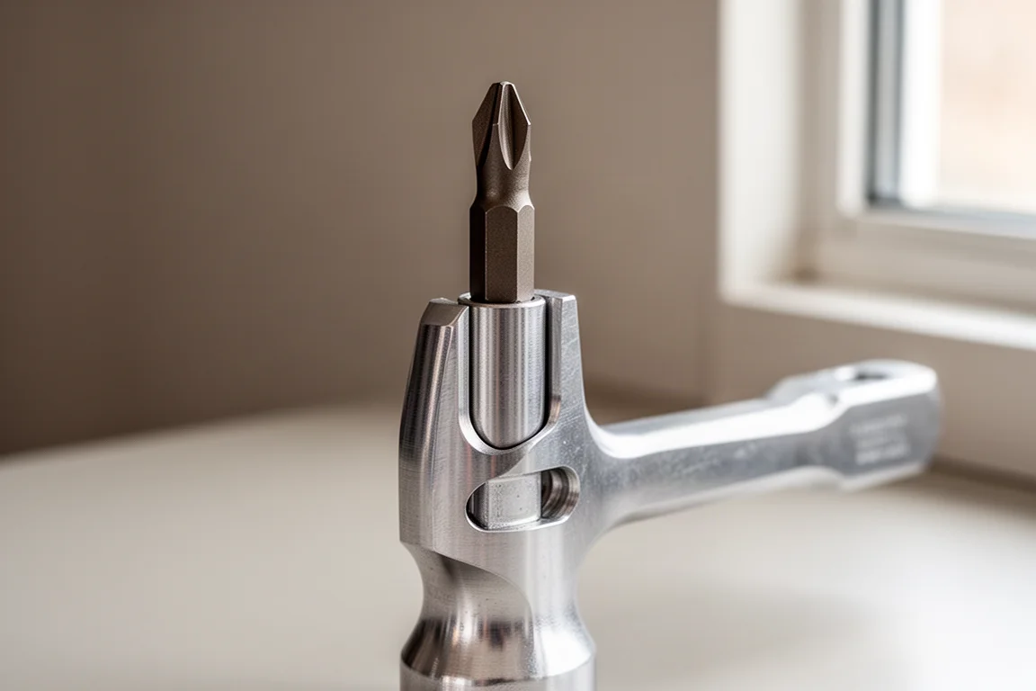 Bit-Halter-Ende eines Multitools, das aufrecht einen Bitaufsatz auf einem Schreibtisch hält