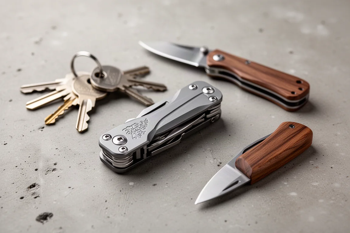 Taschen-Multitool neben Schlüsseln und einem Klappmesser auf einer ebenen Fläche