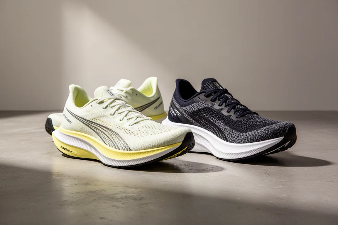 Two carbon plate racing shoes side by side on a concrete surface