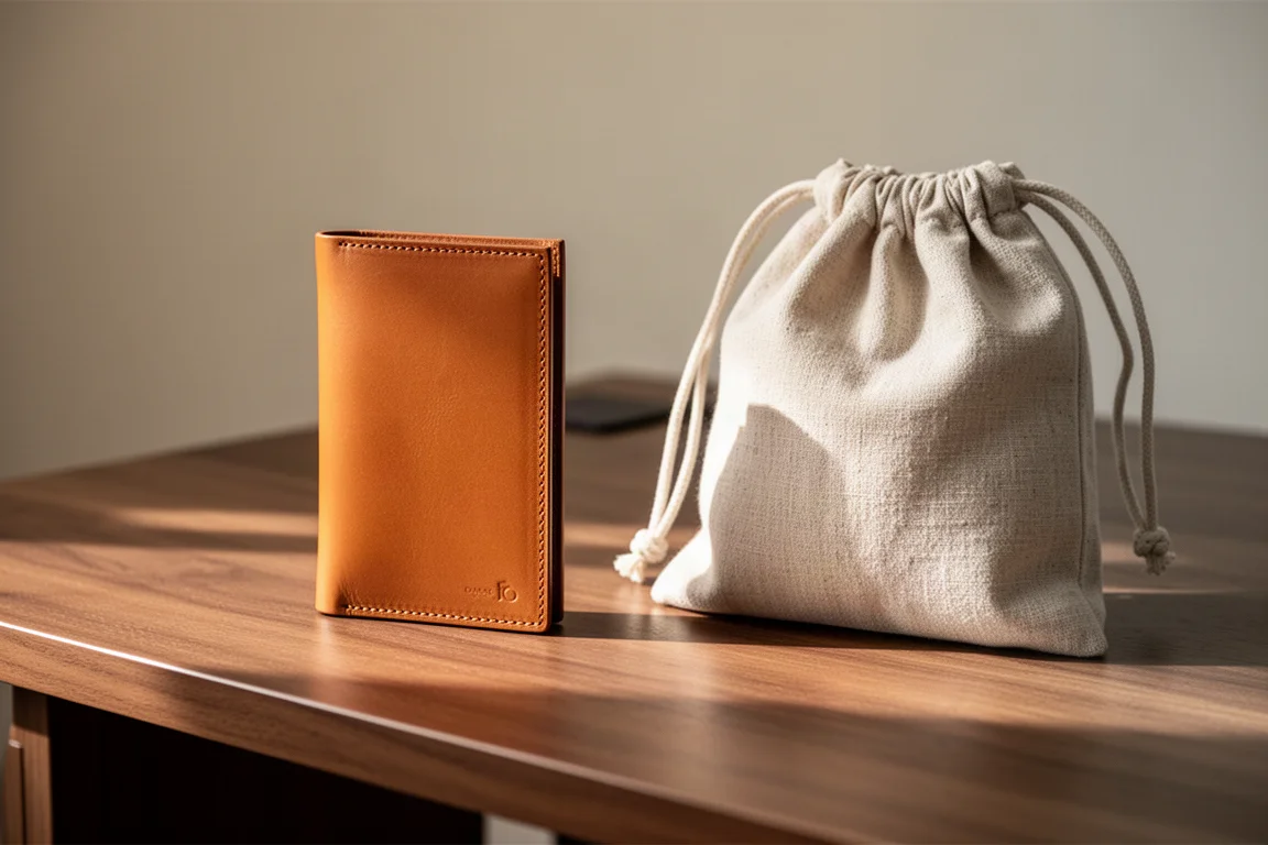 Slim tan leather wallet lying open beside a fabric storage pouch on a wooden desk