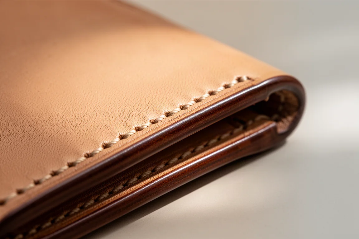 Close-up of precise hand stitching and burnished edges on tan leather wallet
