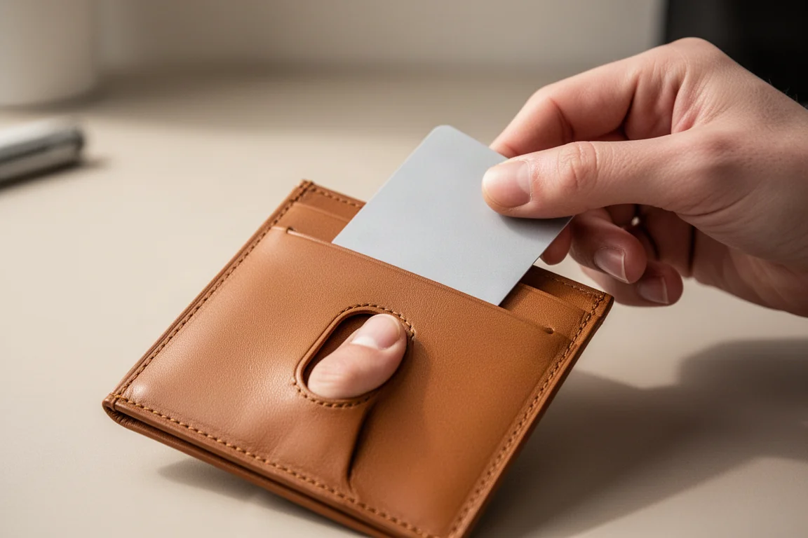 Hand pulling a bank card partway out of a slim front wallet pocket
