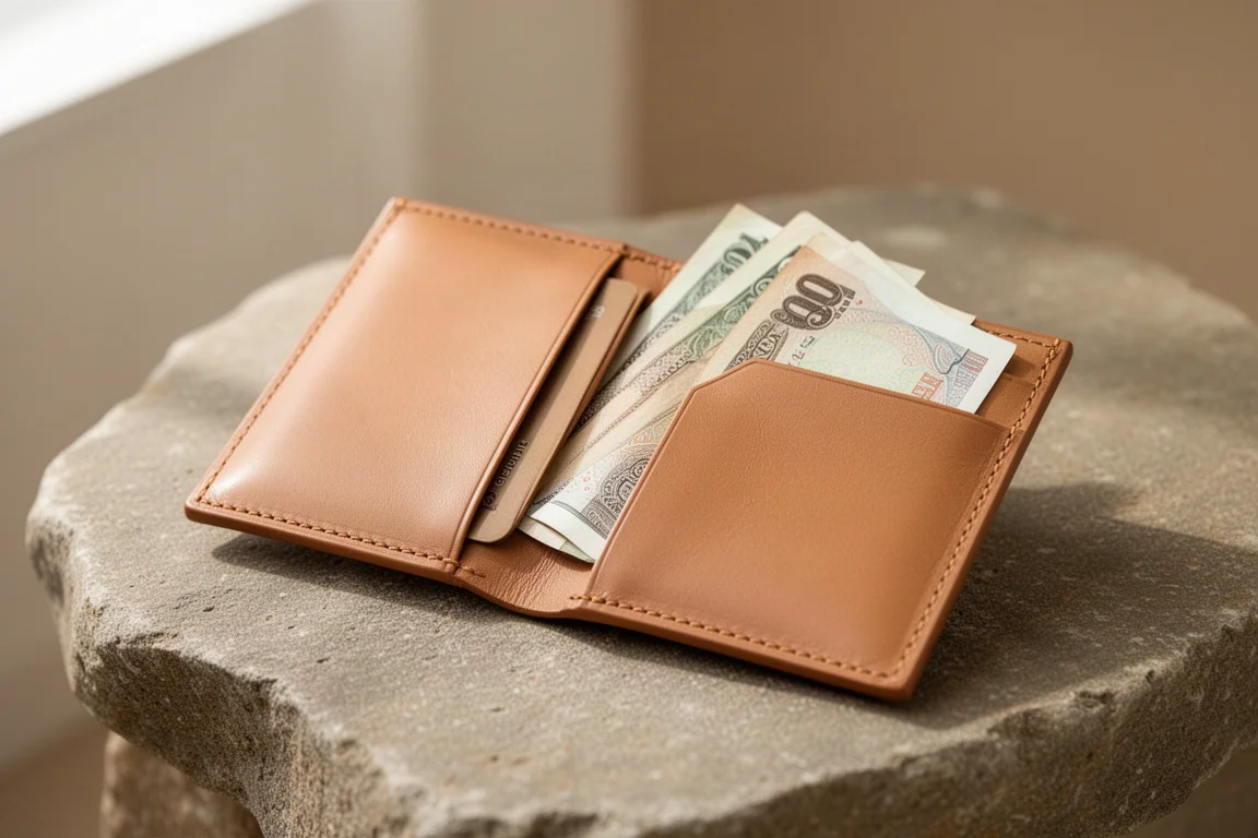 Folded banknotes tucked into the middle pocket of a slim leather wallet