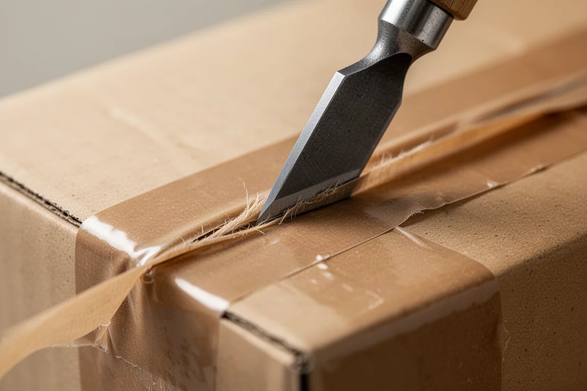 Närbild på en fin mejselkant som skär rent genom brunt pakettejp