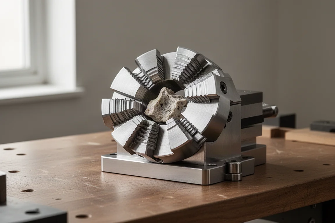 Stainless steel fractal vice with segmented jaws on a wooden workbench