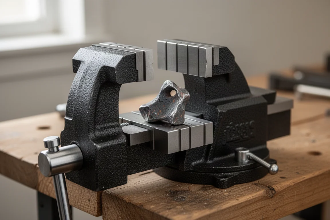 Petit étau noir compact serrant une pièce métallique de forme irrégulière sur un établi
