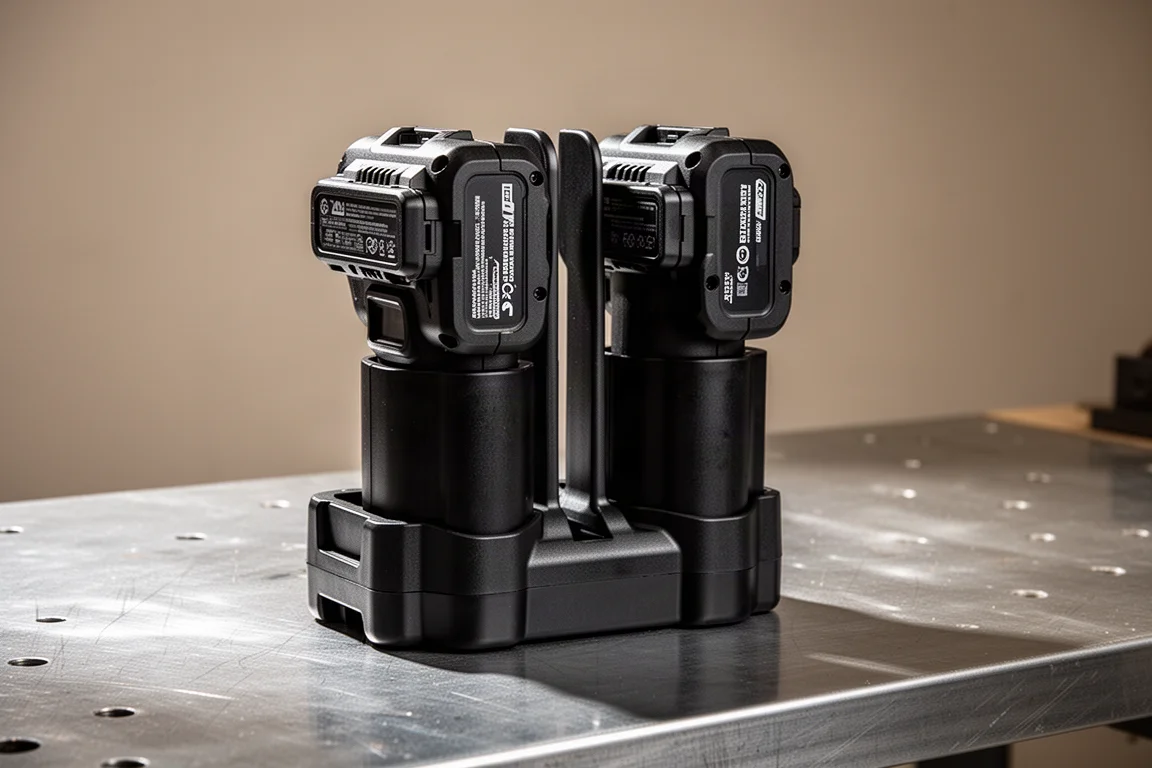 Deux batteries d'outils sans fil montées sur un adaptateur double en forme de T haut