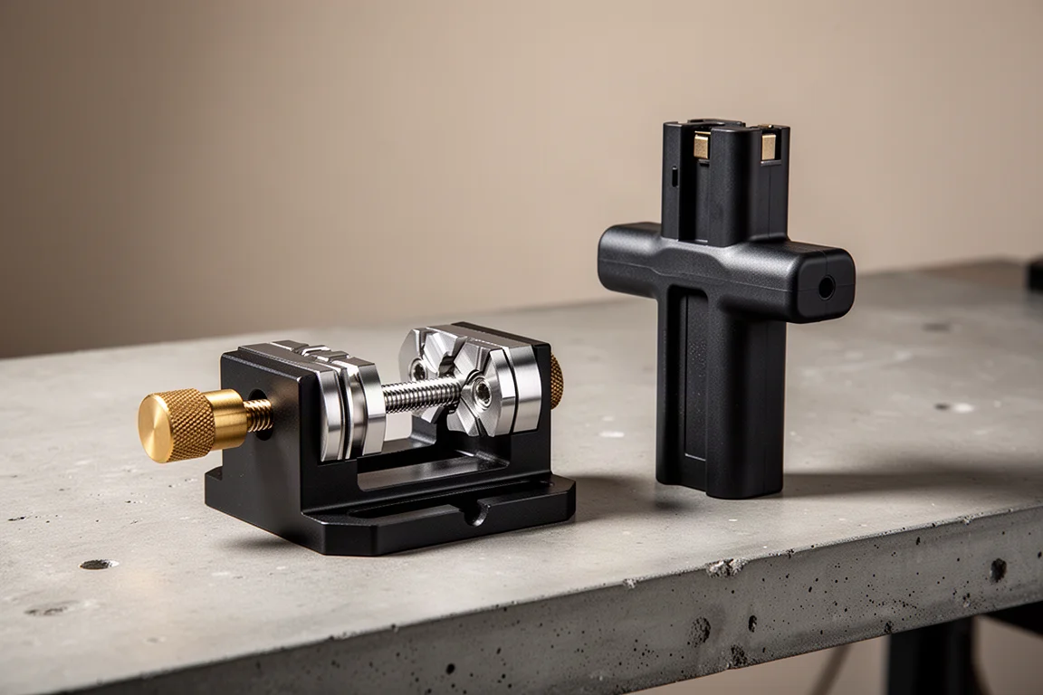 Compact black fractal vise and a tall dual battery adapter on a concrete workbench