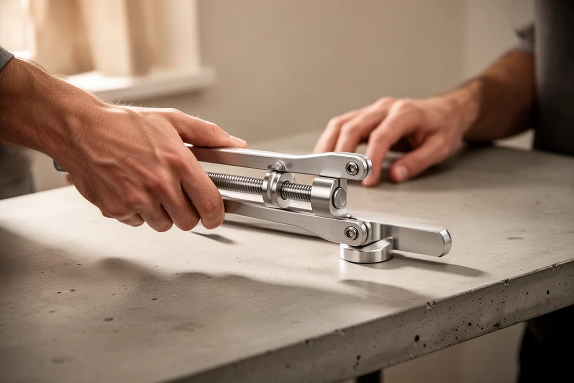 Hände bedienen den geschmeidigen Gleitmechanismus eines Stahl-Handwerkzeugs