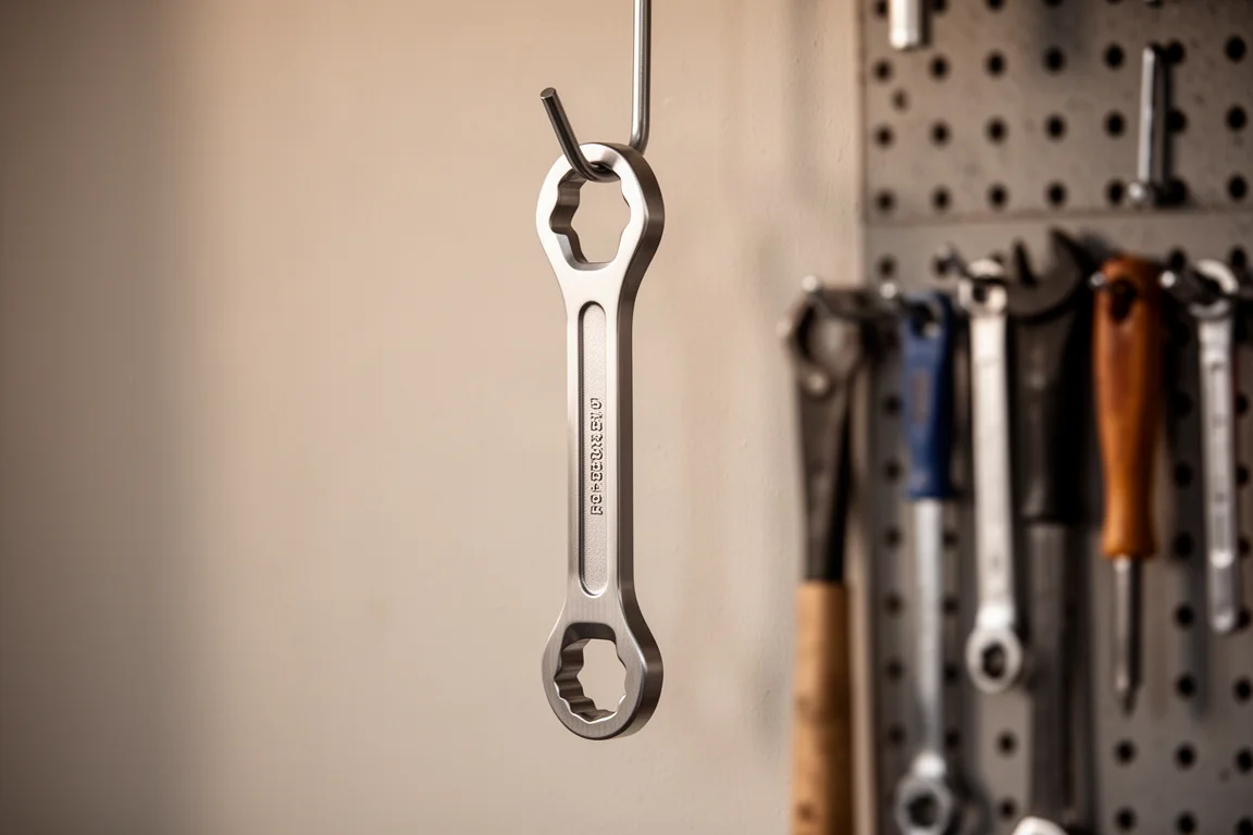 Outils métalliques usinés accrochés à un crochet au mur d'un atelier