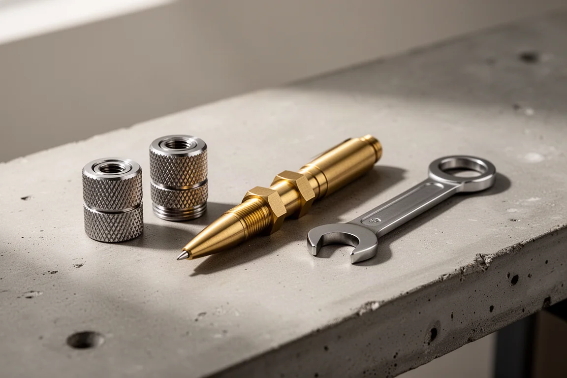 Metmo Helico components, brass pen, and steel grip wrench on a concrete workbench