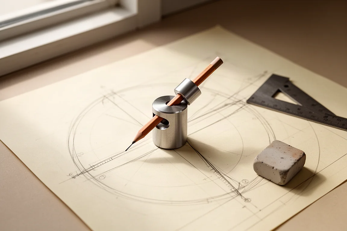 Boceto arquitectónico sobre papel de dibujo con un portaminas metálico mecanizado
