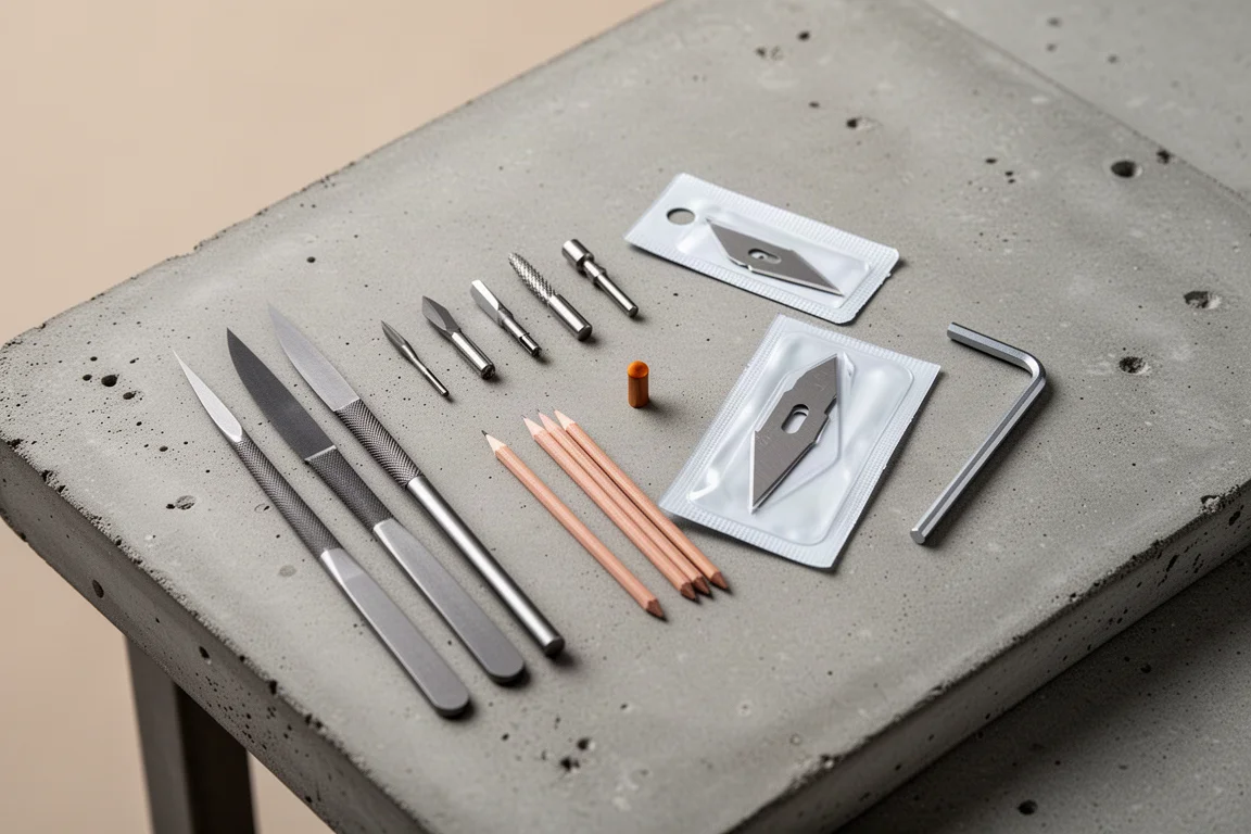 Composición ordenada de brocas pequeñas, limas y accesorios sobre un banco de trabajo de hormigón