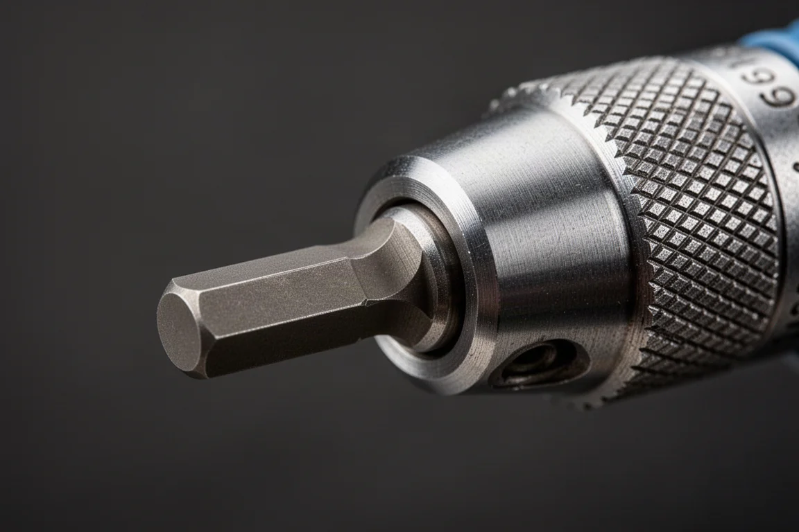 Gros plan sur un mandrin de cliquet recevant un embout hexagonal d'un quart de pouce avec une rétention magnétique visible
