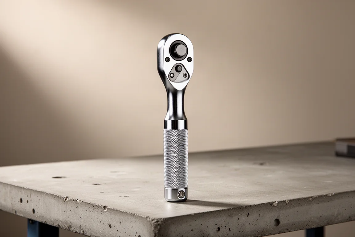 Le MetMo Driver original, plus grand, dressé sur un établi sous une lumière douce