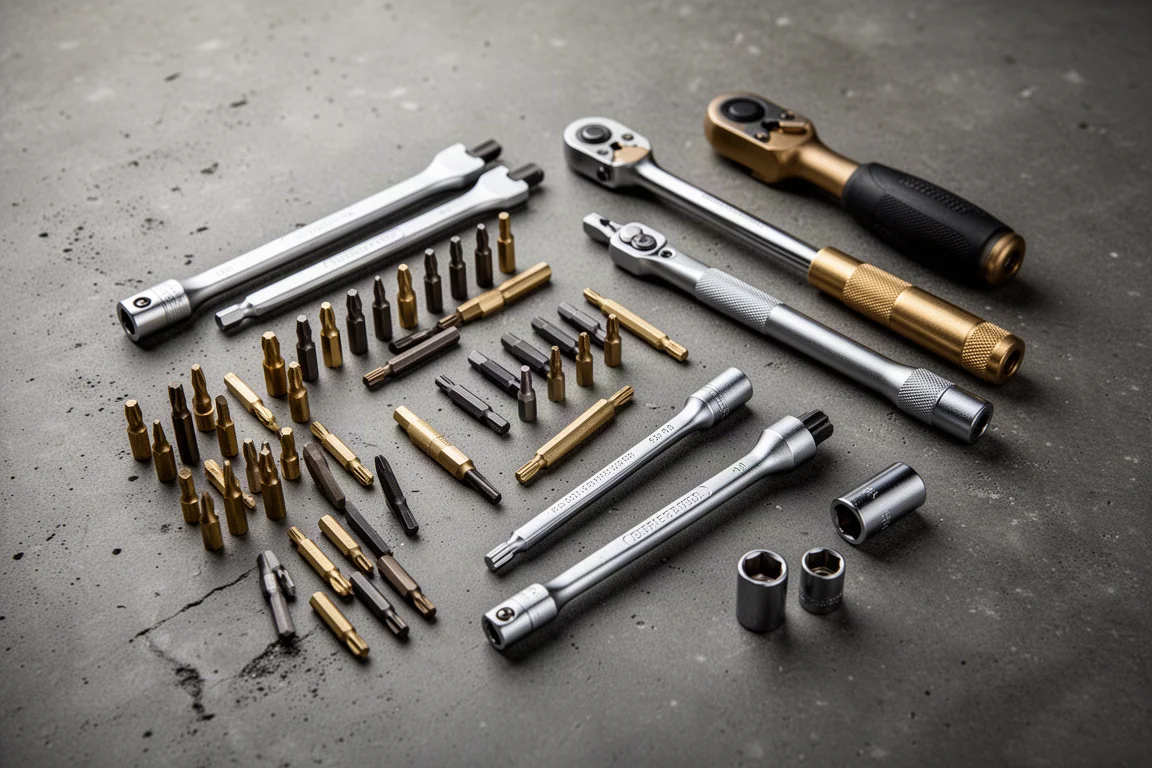Vue à plat d'outils mécaniques et d'embouts détachés disposés sur une table d'atelier