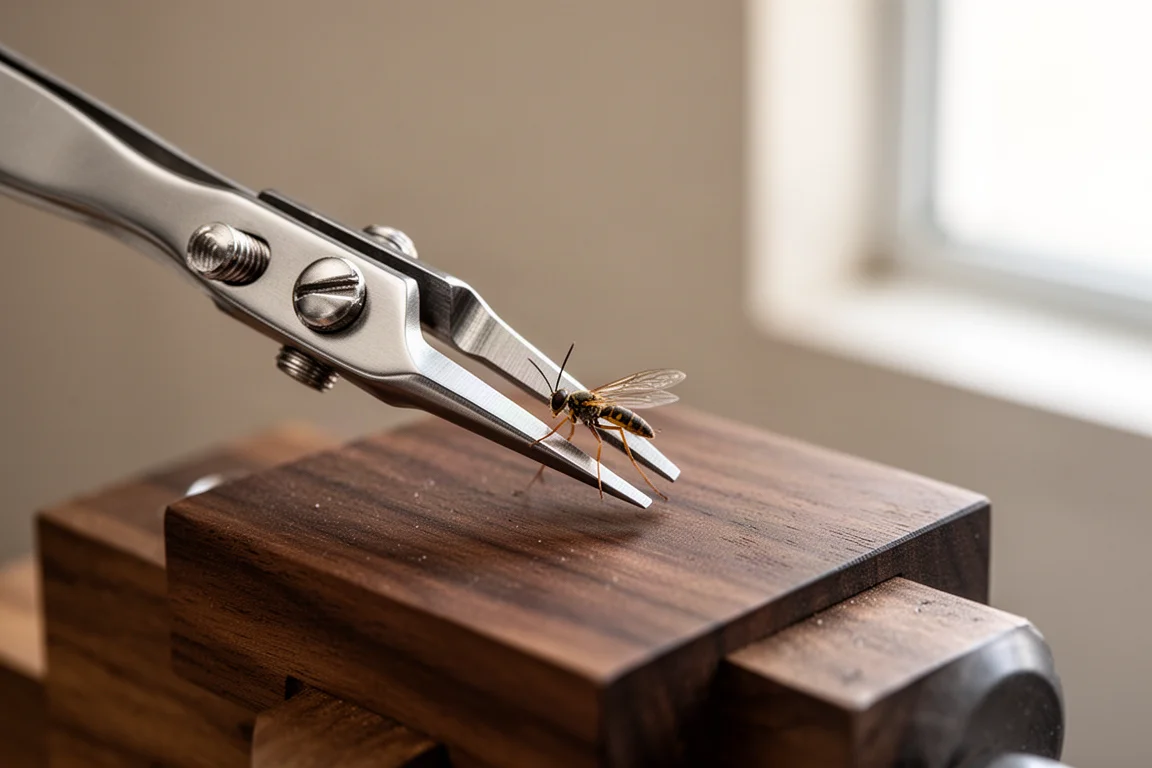 Edelstahl-Precision Grip hält eine winzige Fliege mit filigraner Präzision auf einer Werkbank