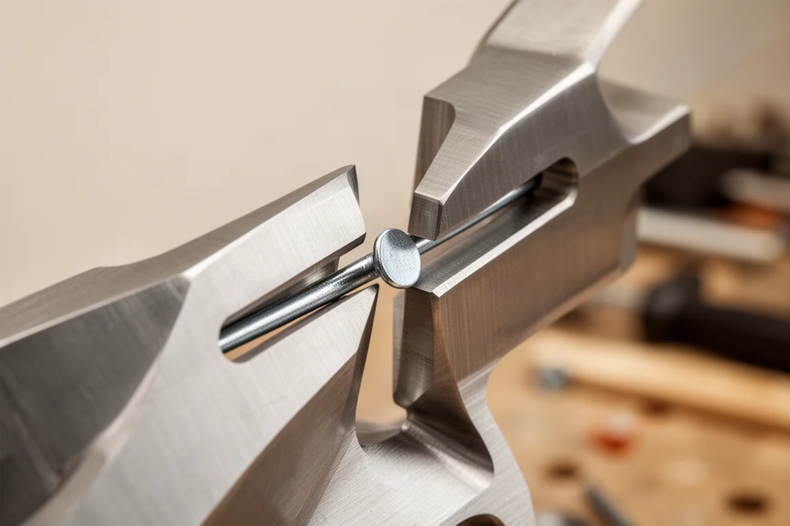 Precision Grip-Backen klemmen einen kleinen Nagel passgenau in passende Schlitze