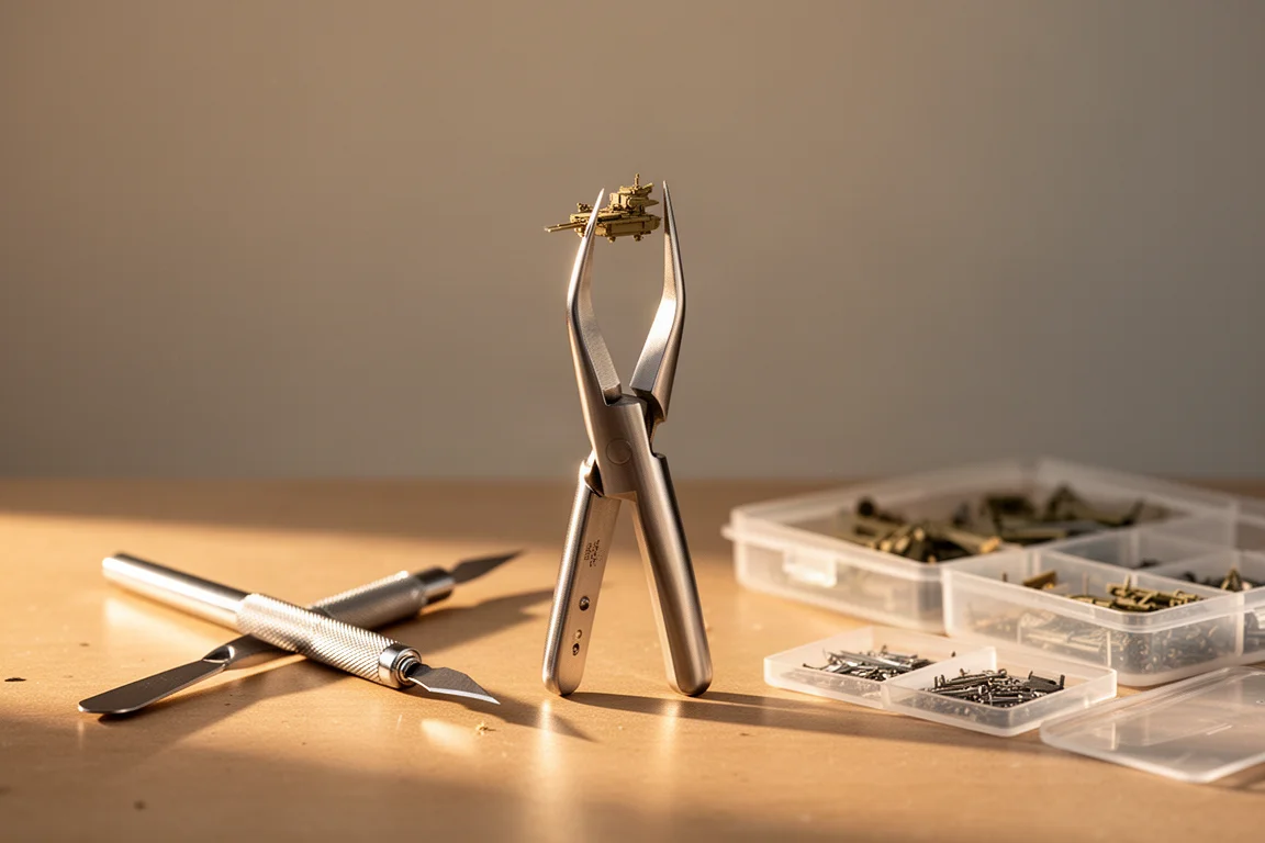Modellbauer hält mit dem Precision Grip ein kleines Teil während der Arbeit