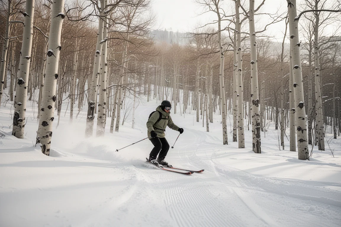 Skiër die van een geprepareerde piste een begroeide boombreuk in gaat op een halve berghelling