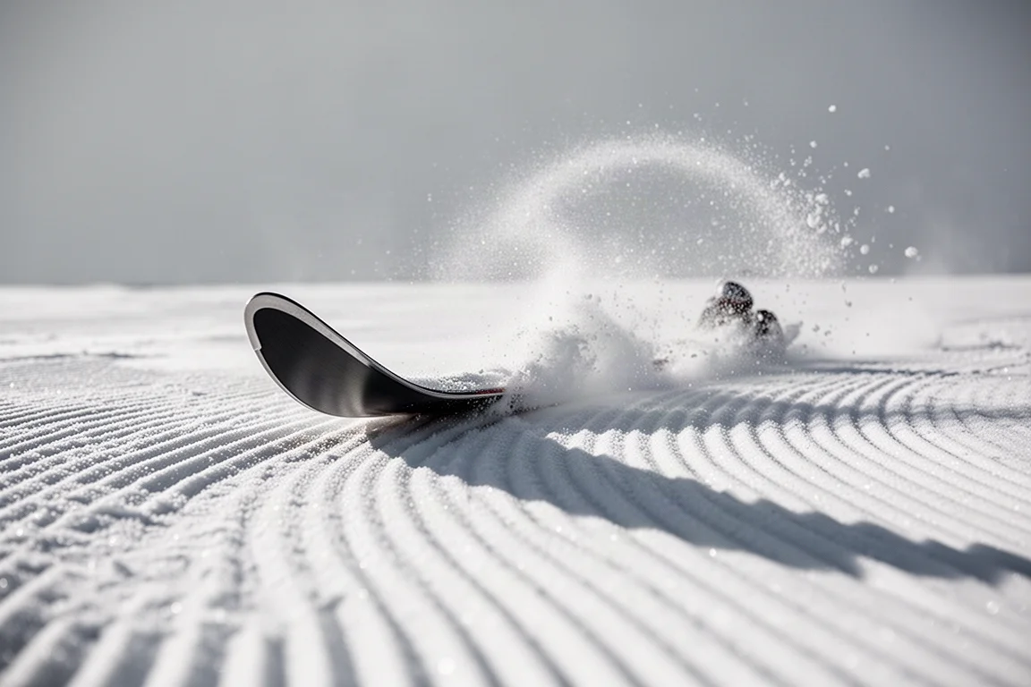 Onderaanzicht van een ski-rand die zich in geprepareerde sneeuw snijdt, met sneeuwnevel achter de staart