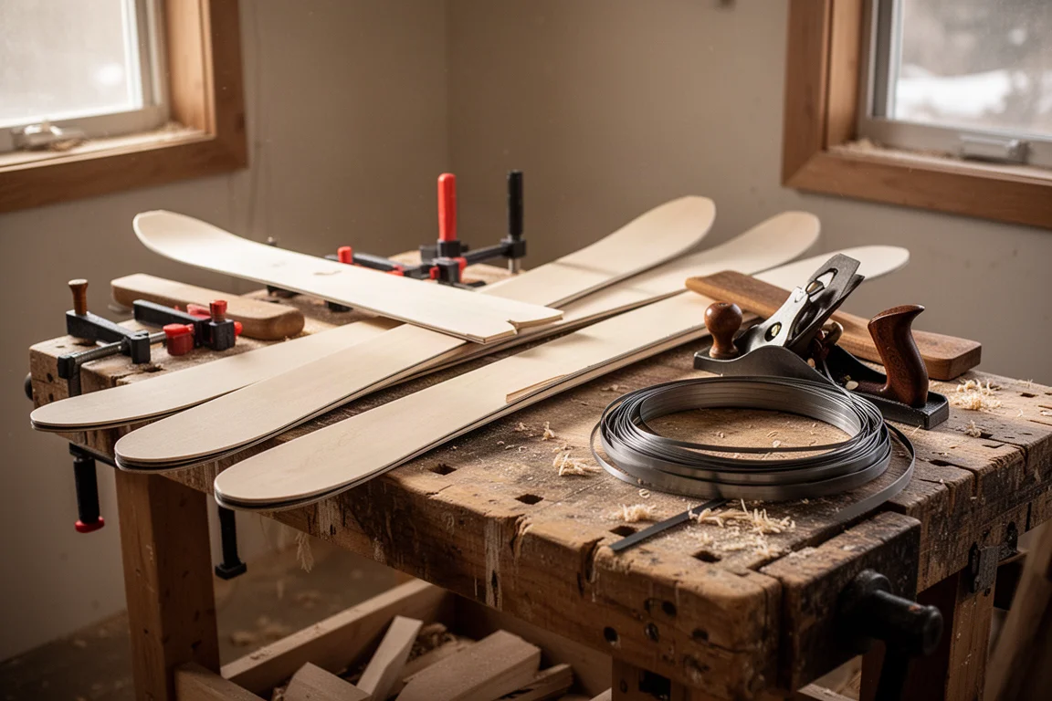 Werkbank van een ski-bouwer met skibladen, klemmen en handgereedschap in een kleine werkplaats