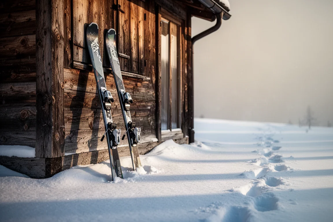 Paar all-mountain ski's leunend tegen een houten wand van een skihut in vastgetreden sneeuw