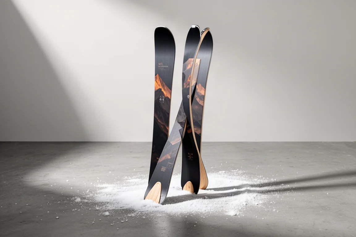 Pair of handcrafted all-mountain skis standing upright on a snow-dusted concrete floor