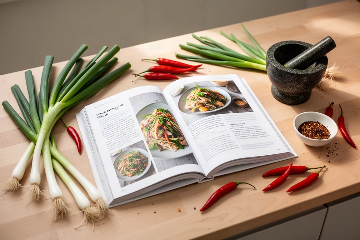 Libro di ricette aperto su un piano di cucina accanto a ingredienti freschi e ciotole piccole
