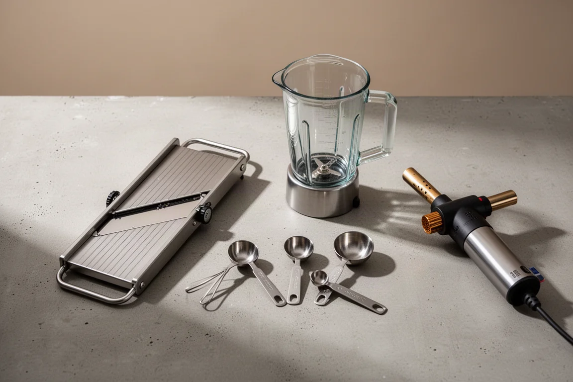 Piccoli utensili da cucina disposti su un piano di lavoro, tra cui una mandolina e una caraffa da blender