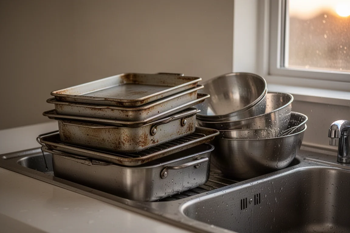 Diverse padelle e teglie impilate in un lavello dopo la cucina