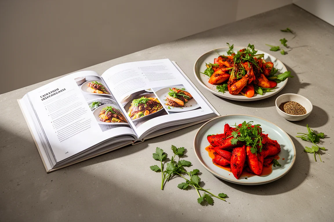 Open cookbook on a concrete counter beside vibrant plates of fusion food