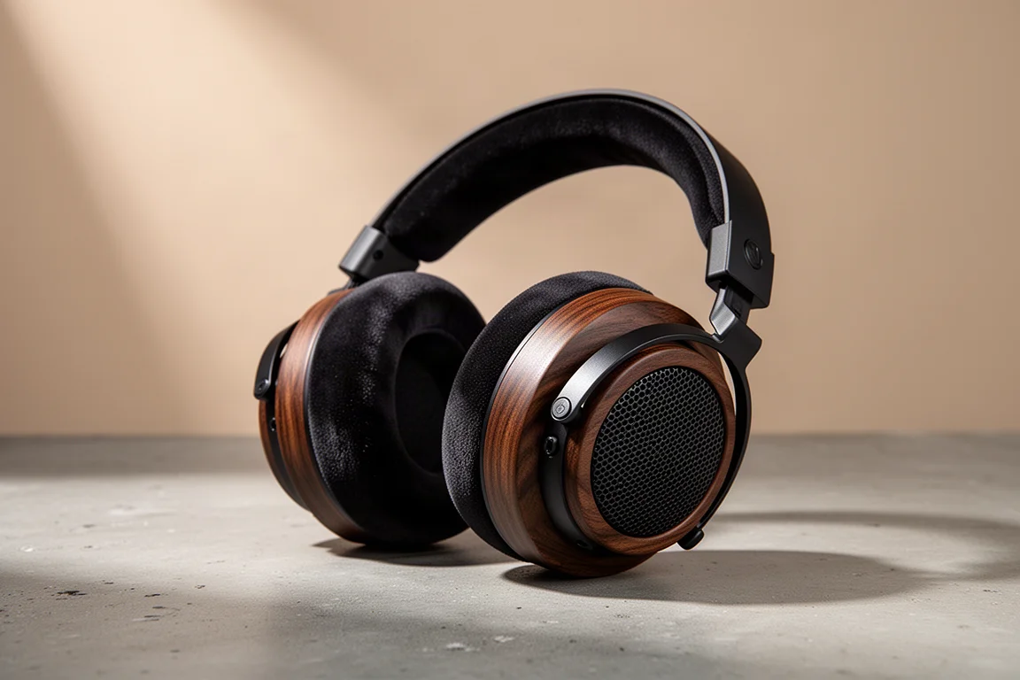 Open-back over-ear headphone with wooden ear cups on a matte concrete surface