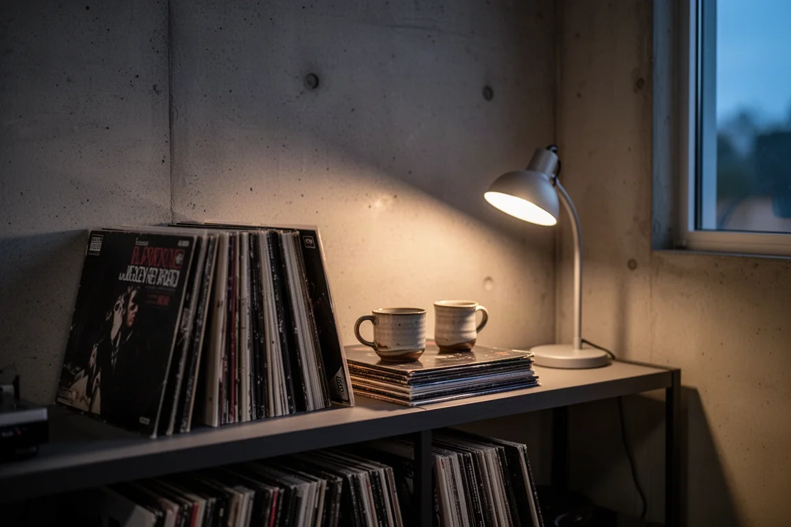Canto de audição noturno com discos de vinil, caneca de cerâmica e luz quente de luminária