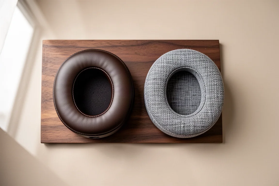 Dois pares de almofadas de headphone, uma de couro e uma de tecido, lado a lado