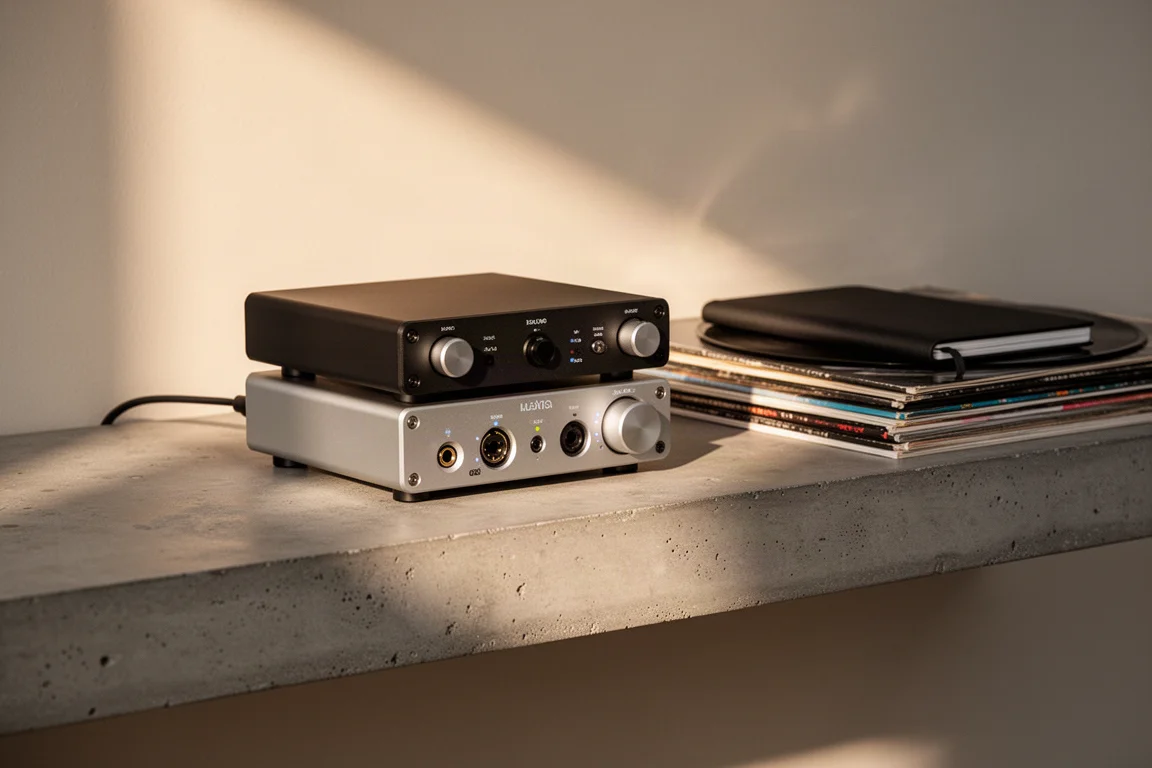 Amplificador de headphone de mesa e DAC ao lado de discos de vinil em prateleira de concreto