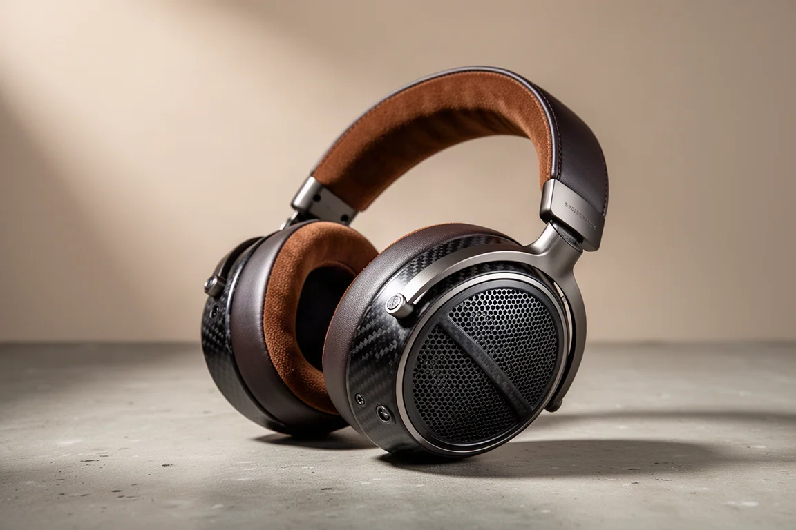 Open-back planar magnetic headphones with carbon fibre frame on a concrete surface