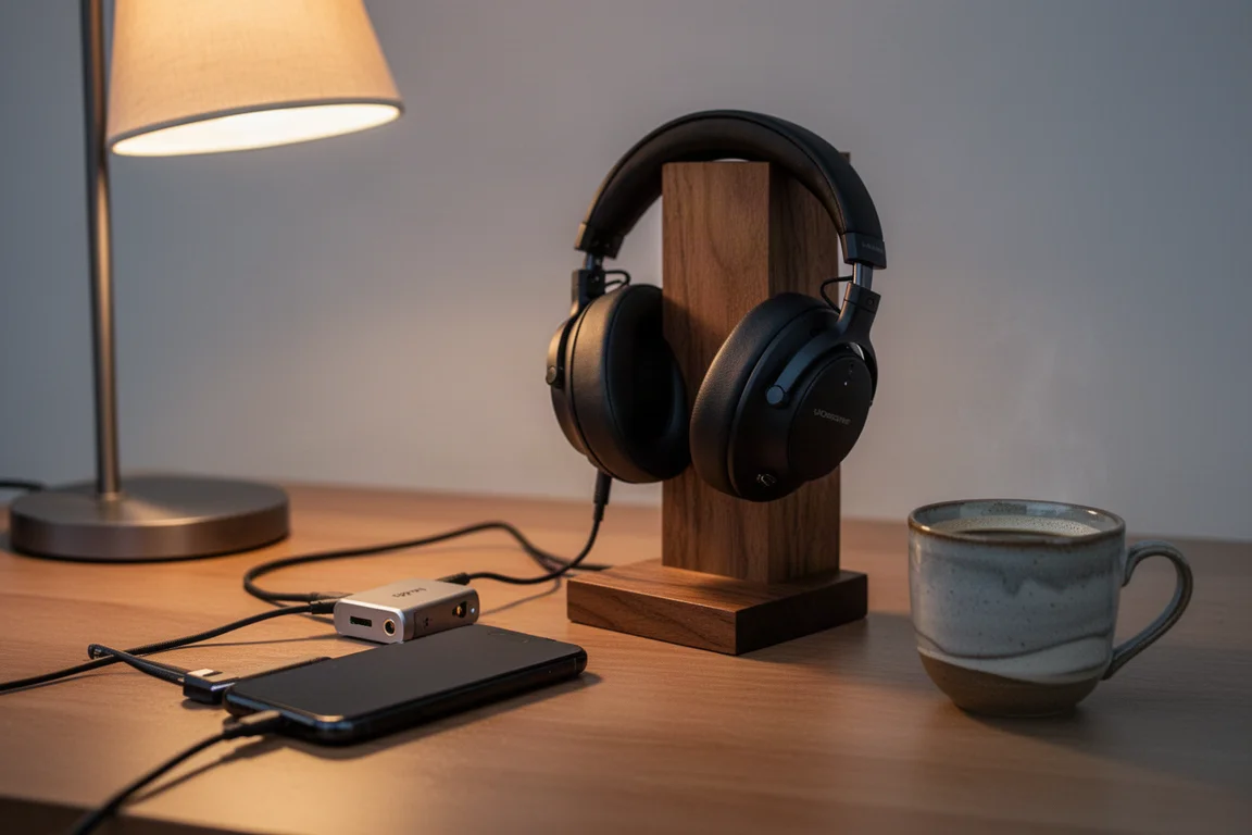 Tyst lyssningsbord i skymningen med slutna hörlurar, en liten dongle-DAC och en kaffekopp